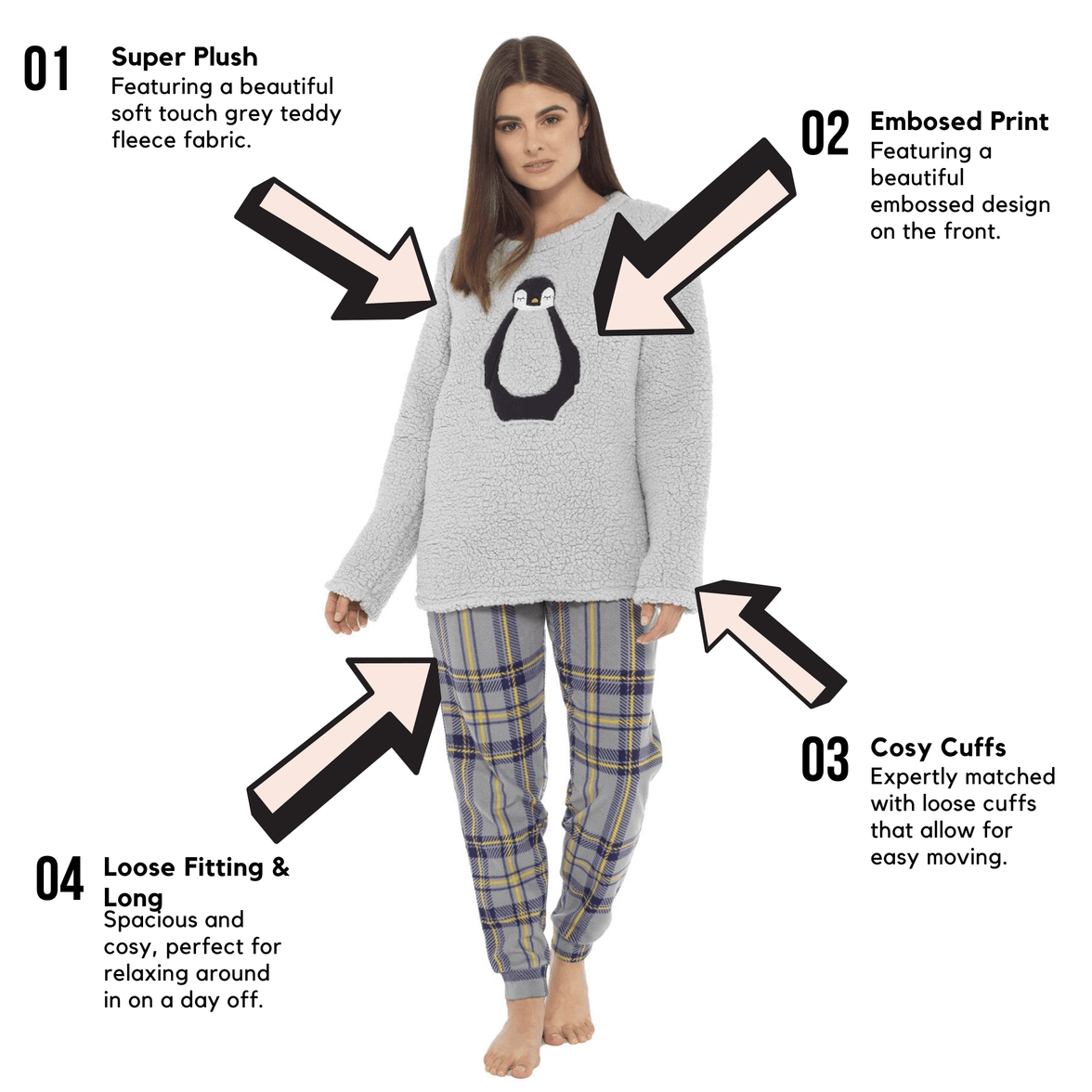 Ultra Soft Women's Teddy Fleece Pyjama Set Cozy Penguin Design Super Warm Sleepwear with Elasticated Waistband for Cold Nights by Daisy Dreamer Pyjamas