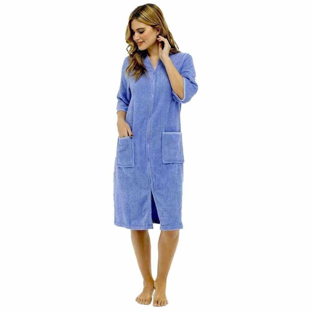 Women's Cotton Terry Towelling Bath Robe Zip Through Ultra Absorbent ...