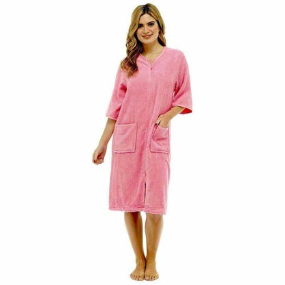 Women's Cotton Terry Towelling Bath Robe Zip Through Ultra Absorbent Soft and Luxurious Dressing Gown Perfect for Post Shower Relaxation by Daisy Dreamer SMALL | UK 8-10 / PINK Robe