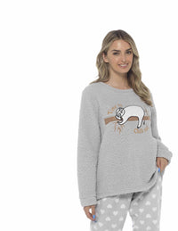 Women's Cozy Sloth Teddy Fleece Pyjama Set Super Soft Warm Loungewear Sleepwear with Trendy Design and Comfortable Fit Pants Perfect for Cold Nights Multiple Sizes by Daisy Dreamer Pyjamas