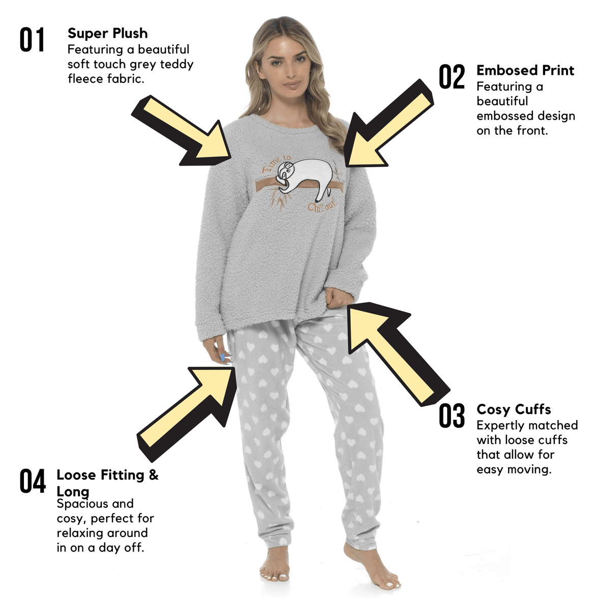 Women's Cozy Sloth Teddy Fleece Pyjama Set Super Soft Warm Loungewear Sleepwear with Trendy Design and Comfortable Fit Pants Perfect for Cold Nights Multiple Sizes by Daisy Dreamer Pyjamas