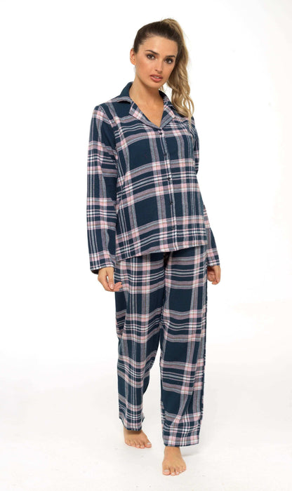 Women's Soft Brushed Cotton Flannelette Pajama Set with Elastic Waistband Cozy Check Pattern Sleepwear for All Seasons Small to XLarge by Daisy Dreamer SMALL | UK 8-10 / Navy Pyjamas