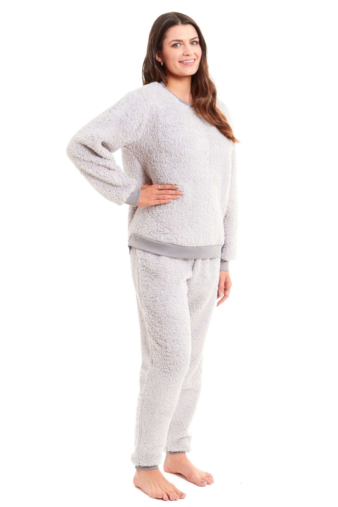 Women's Super Soft Teddy Fleece Lounge Set Fluffy Crew Neck Pyjama and Stretchable Loungewear in Grey Pink Ideal Nightwear Gift Available in S M L XL Sizes Daisy Dreamer Pyjamas