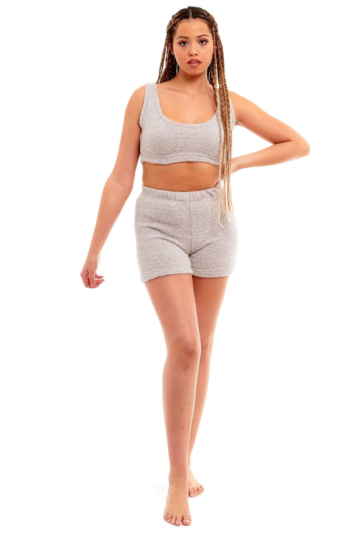 Women's Ultra-Soft Teddy Fleece Crop Top and Shorts Pyjama Loungewear Set Cozy Fluffy Nightwear Perfect for Home Comfort and Relaxation by Daisy Dreamer SMALL | UK 8-10 / GREY Pyjamas