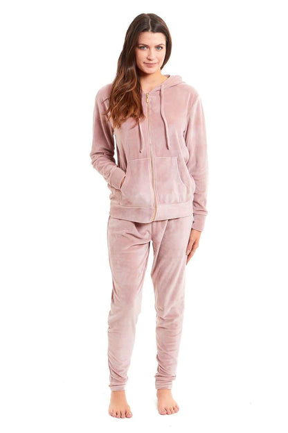 Women’s Velour Fleece Hooded Zip Track Suit Velvet Loungewear Set with Elastic Waistband Comfortable All-Day Wear Multiple Styles and Sizes by Daisy Dreamer DUSKY PINK / S Pyjamas